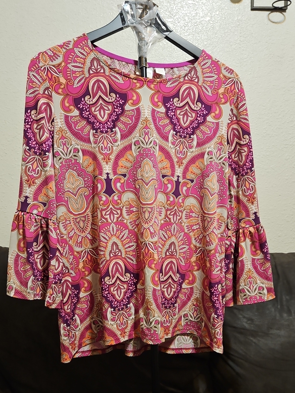 Chico's Pink and Cream Paisley Bell-Sleeve Tunic